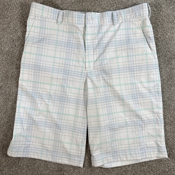 Nike Golf Shorts Men's 36 White Blue Green Plaid Flat Front Performance Stretch - Picture 1 of 6